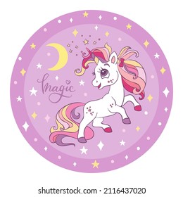 Cute cartoon unicorn with moon on purple starry circle background. Vector illustration circle shape on a starry pink background. For party, print, baby shower, design, decor, bed linen, kids apparel