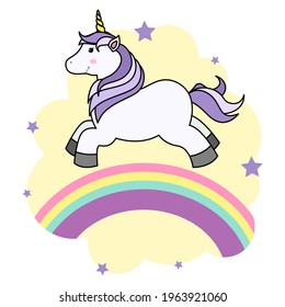 Cute Cartoon Unicorn on Cloud and Rainbow For Print T-shirt or Sticker, Wallpaper Background and Hand Drawing Illustration For Children