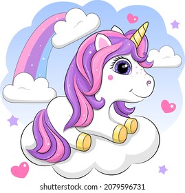 Cute cartoon unicorn on a cloud. Vector illustration of an animal on a blue background with clouds and rainbows.