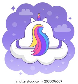 Cute cartoon unicorn on a cloud. Vector animals on a lilac background.