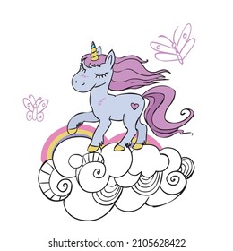 Cute cartoon unicorn on a cloud. Vector image, children's picture