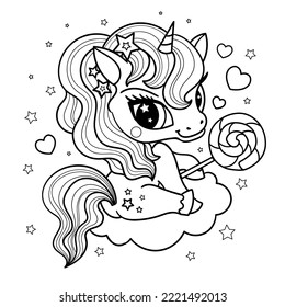 Cute cartoon unicorn on a cloud with a lollipop. Black and white linear drawing. For children's design of coloring books, prints, posters, cards, puzzles and so on. Vector