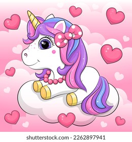 Cute cartoon unicorn on a cloud in the sky. Vector illustration of an animal on a pink background with hearts and clouds.