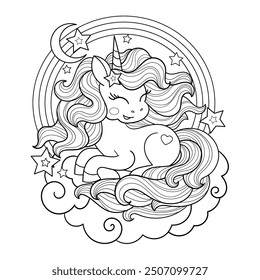 Cute cartoon unicorn on a cloud. Black and white line drawing. Isolated on white background. For childrens design of coloring books, prints, posters, cards, stickers, puzzles, etc. Vector illustration