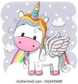 Cute Cartoon Unicorn Rainbow On Meadow Stock Vector (Royalty Free ...