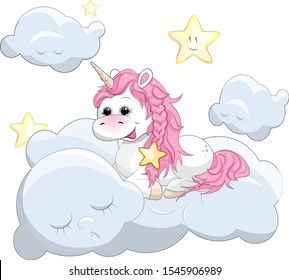 Cute cartoon unicorn on clouds with stars. Unicorn isolated on a white background with rainbow hair vector. Illustration for children design. Sweet fantasy character for t-shirts and cards