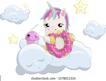 Cute cartoon unicorn on clouds with stars. Unicorn isolated on a white background with rainbow hair vector. Illustration for children design. Sweet fantasy character for t-shirts and cards