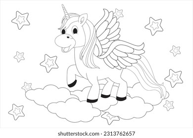 Cute cartoon unicorn on a clouds. decorative stars Fantastic animal. Black and white, design of coloring books, print Vector