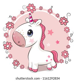 Cute Cartoon Unicorn on a flowers background