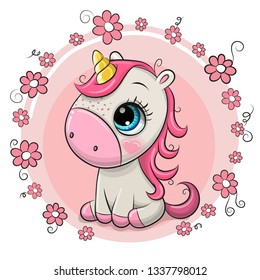 Cute Cartoon Unicorn on a flowers background