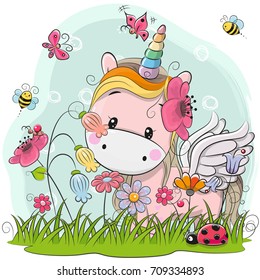 Cute Cartoon Unicorn on a meadow with flowers and butterflies