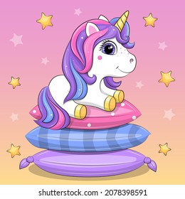 Cute cartoon unicorn on the pillows. Vector illustration of animal on the colorful background with stars.