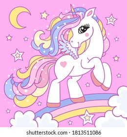 Cute, cartoon unicorn on a rainbow on a pink background. For children's design of prints, posters, postcards, stickers. Vector