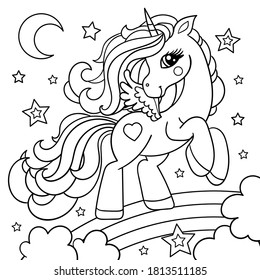 Cute cartoon unicorn on a rainbow. Fantastic animal. Black and white, linear, image. For the design of coloring books, prints, posters, stickers, tattoos, etc. Vector