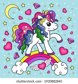 Cute cartoon unicorn on a rainbow with hearts.Children's fanatic illustration. For the design of coloring books, prints, posters, tattoos, stickers, cards. Vector