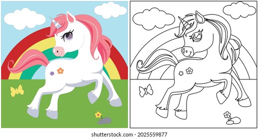 Cute cartoon unicorn on a rainbow. Fantastic animal. Black and white, linear, image. For the design of coloring books, prints, posters, stickers, tattoos, etc. Vector ilustration.