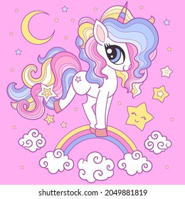 Cute cartoon unicorn on a rainbow on a pink background. A magical animal. For children's design of prints, posters, postcards, stickers, etc. Vector