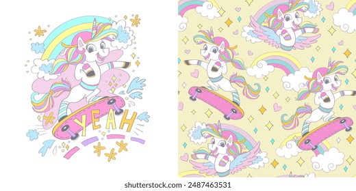 Cute cartoon unicorn on a skateboard. Isolated character and background. Vector illustration. Card and seamless pattern with unicorn. For clothes, fabrics, print, design, decoration, linen, dishes