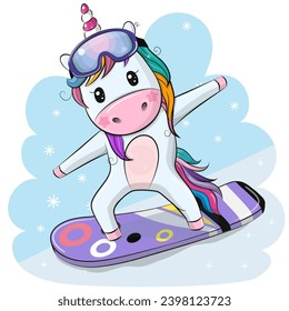 Cute cartoon Unicorn on a snowboard on a blue background