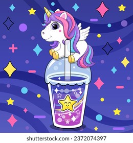 Cute cartoon unicorn on a star drink. Vector illustration of an animal and a cup of colorful water on a dark blue background with stars and dots.