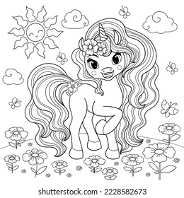 Un bonito unicornio en un prado floreciente. Imagen lineal en blanco y negro. Para el diseño de colorear libros, impresiones, afiches, pegatinas, tarjetas, tatuajes, acertijos, etc. Vector