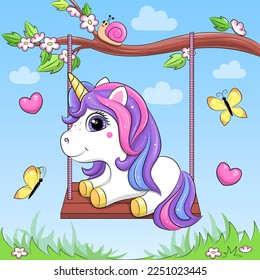 Cute cartoon unicorn on a swing. Vector illustration of an animal on a blue background with hearts and butterflies.