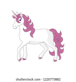 Cute cartoon unicorn on white background. White unicorn with pink mane in full growth. Vector illustration. 