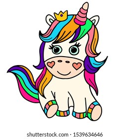 Cute cartoon unicorn on the white background