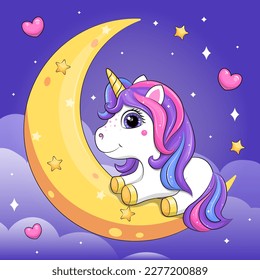 Cute cartoon unicorn on the yellow moon. Night vector illustration with white animal on purple background with clouds and hearts.