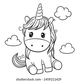 Cute Cartoon unicorn outlined for coloring book isolated on a white background