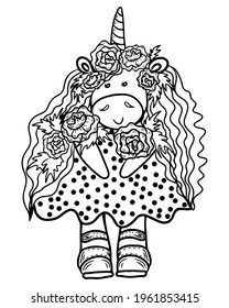 Cute cartoon unicorn outlined for coloring book and page isolated. Activity page for child. Vector Unicorn