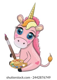 Cute cartoon unicorn with paint palette and paintbrush, artist profession