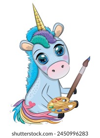 Cute cartoon unicorn with paint palette and paintbrush, artist profession