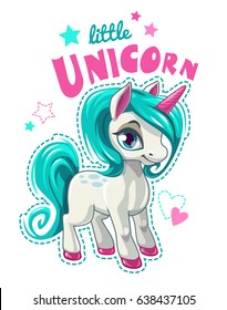 Cute cartoon unicorn patch. Funny girlish vector illustration for t shirt print design.