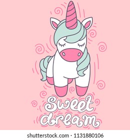 Cute cartoon unicorn with phrase in vector