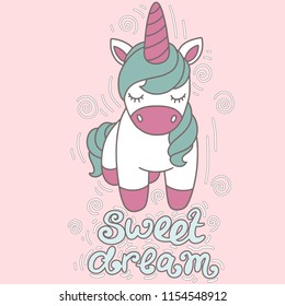 Cute cartoon unicorn with phrase in vector