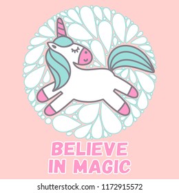 Cute cartoon unicorn with phrase in vector