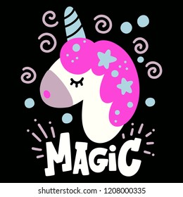 Cute cartoon unicorn with phrase in vector