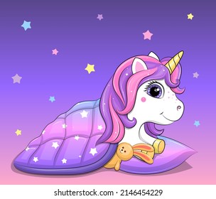 A cute cartoon unicorn with a pillow and a blanket is going to sleep. Night vector illustration with stars.