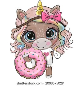 Cute Cartoon Unicorn with pink donut on a white background