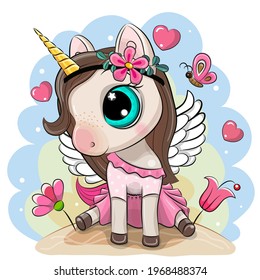 Cute Cartoon Unicorn in a pink dress with butterfly on a blue background