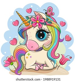 Cute Cartoon Unicorn in a pink dress with butterfly on a blue background