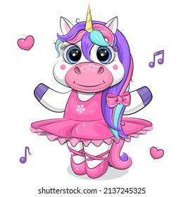 Cute cartoon unicorn in a pink dress and pointe shoes. Vector illustration of an animal on a pink background.