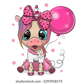 Cute Cartoon Unicorn in a pink dress with bow and pink balloon