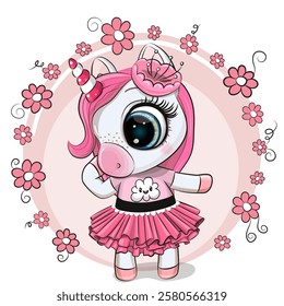 Cute Cartoon Unicorn in a pink dress with long hair