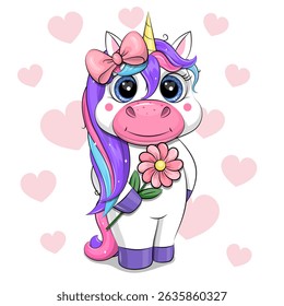 Cute Cartoon Unicorn with pink flower and hair bow. Vector Illustration with animal on white background with pink hearts.