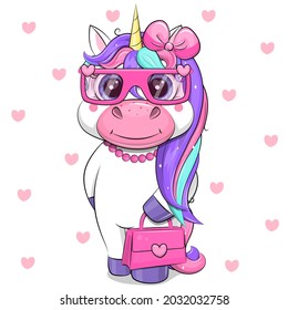 Cute cartoon unicorn with pink glasses, hair bow and handbag. Vector illustration of an animal on a white background with hearts.