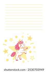 Cute cartoon unicorn with pink hair is standing on a yellow star with its front legs raised on a starry background with an empty page for notes. Vector illustration