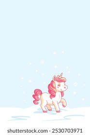 Cute cartoon unicorn with pink hair is walking on the snow during a snowy day. Vector illustration