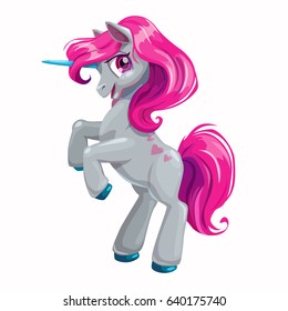 Cute cartoon unicorn with pink hair. Vector isolated illustration on white background.